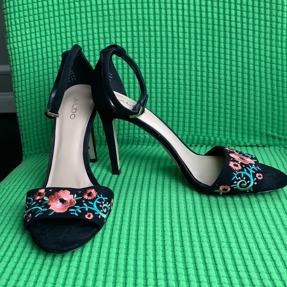 Black suede-like floral open toe heels